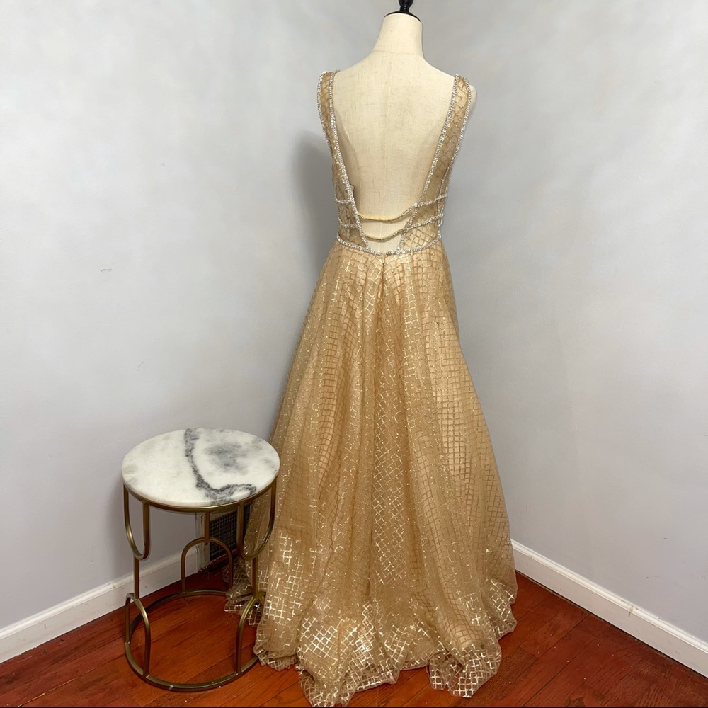 # Mac Duggal Gold Sequin Illusion Neck A Line Gown - Picture 9 of 17
